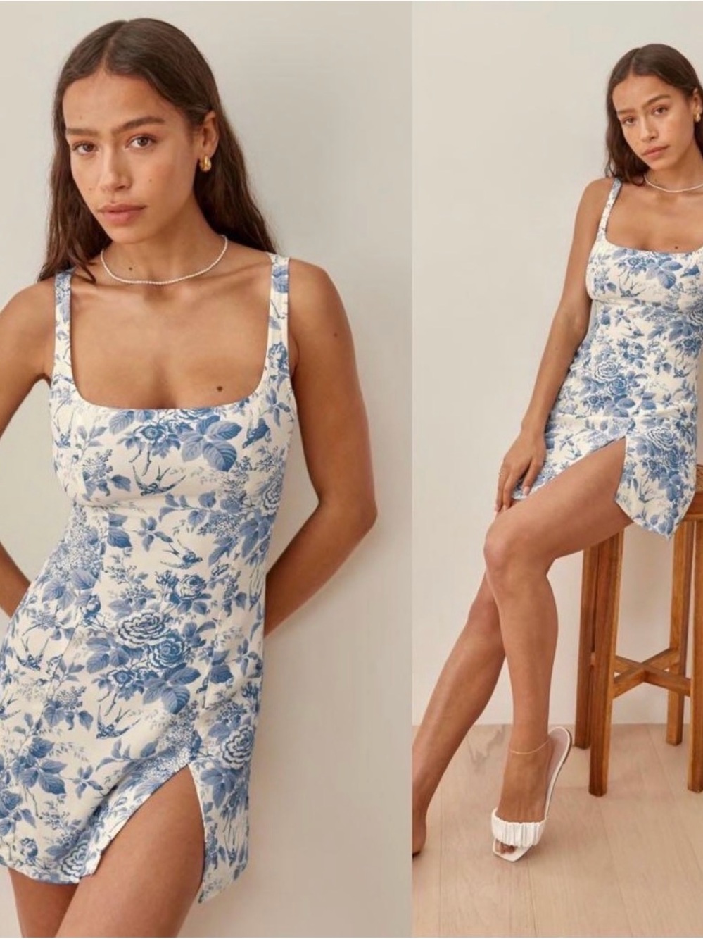 Reformation Blue and Cream Floral Square-Neck Mini Dress - Picture 1 of 3